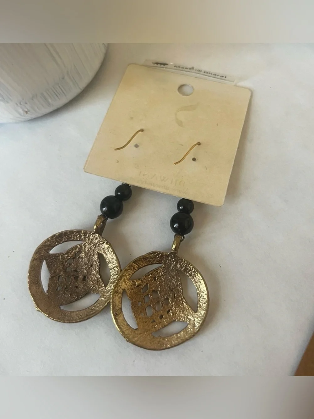 Vintage Gold Owl Drop Earrings with Black Bead Accents